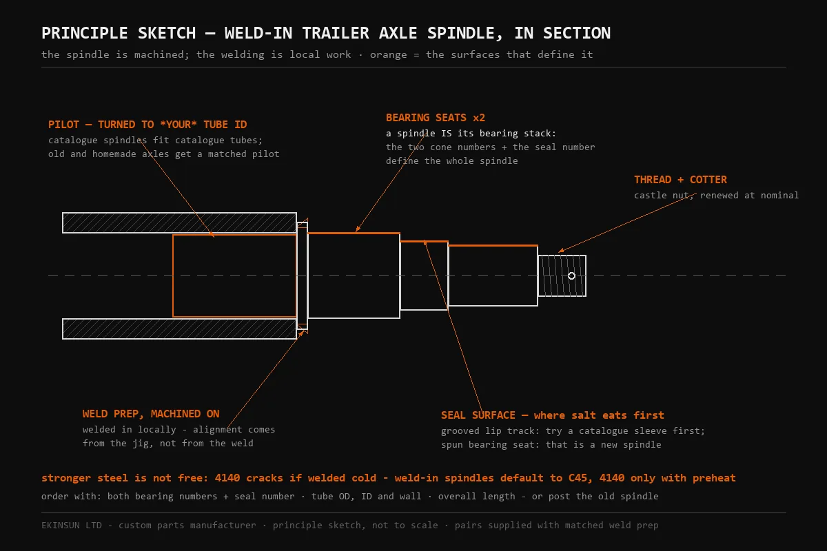 Weld-in trailer axle spindle in section by EKINSUN — pilot step turned to the axle tube's bore, machined weld prep at the joint, inner and outer tapered-bearing seats, seal surface, castle-nut thread with cotter hole; the rule on the sketch: a spindle is its bearing stack, defined by the two cone numbers plus the seal number