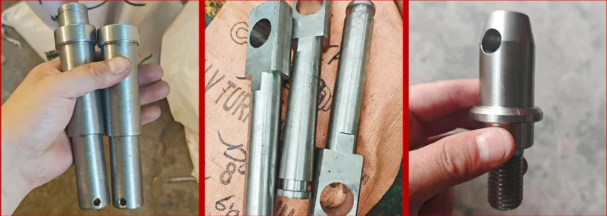 Machined steel pins and a stepped bolt with transverse cross-drilled holes for split pins, plus a milled-slot variant