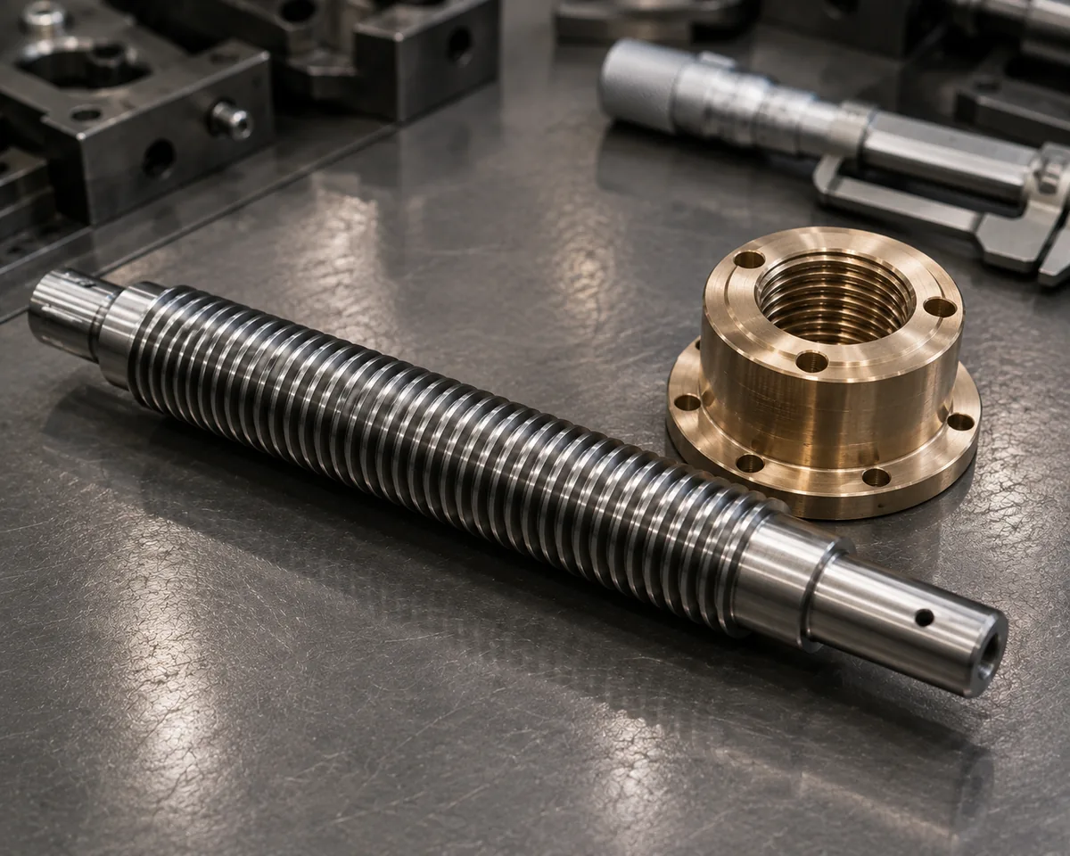 Custom machined trapezoidal lead screw with turned journal ends and cross-drilled shaft, next to a matching bronze flange nut with bolt holes