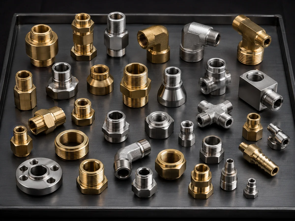 Custom brass and stainless adapters and fittings — straight, elbow and tee connectors by EKINSUN