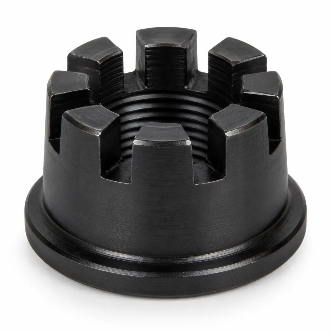 Custom black oxide castle nut with flanged base machined by EKINSUN