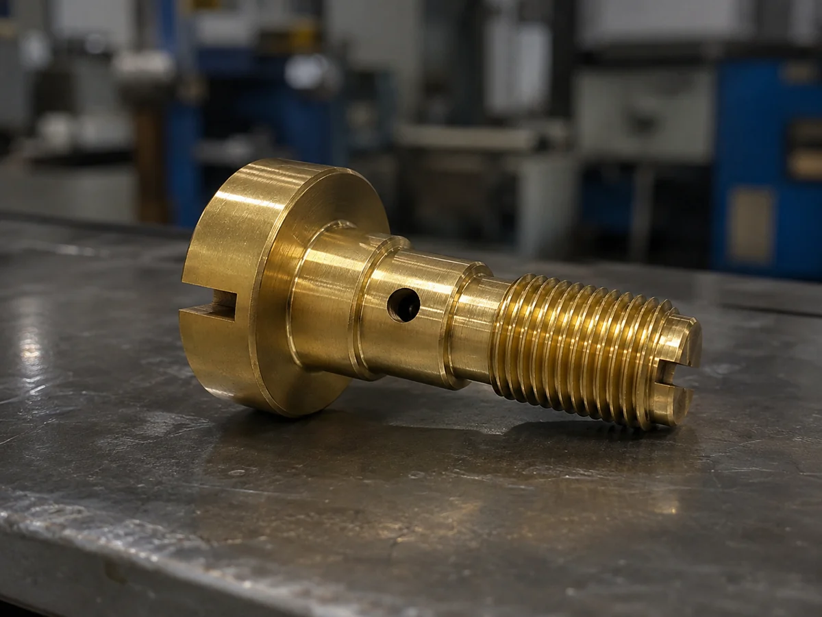 Custom brass hex flange banjo bolt machined from bar by EKINSUN
