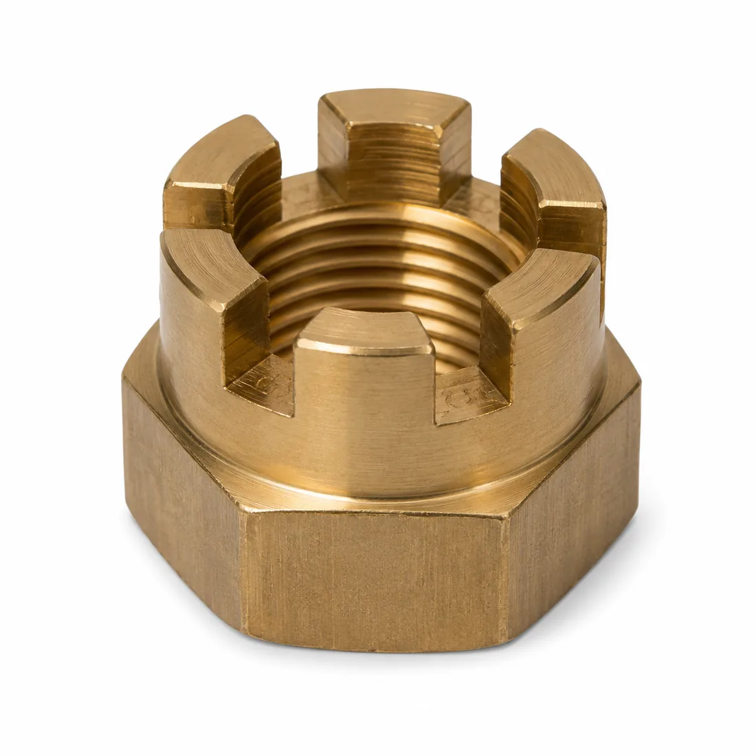 Custom brass hexagon castle nut machined by EKINSUN with six castellations and internal thread
