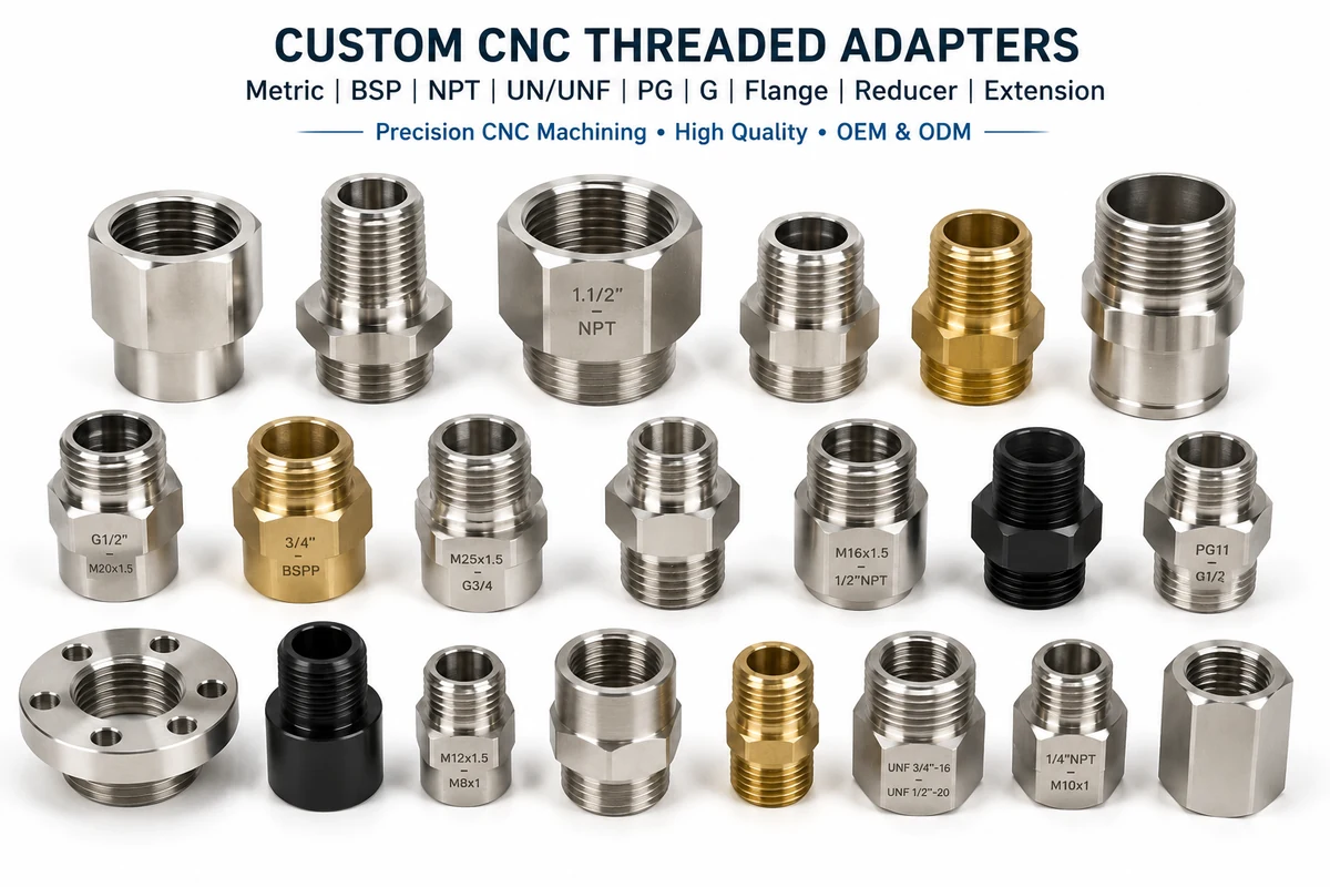 Range of custom CNC machined threaded adapters in stainless steel, brass and plastic — metric, BSP, NPT, UN/UNF, PG, flange, reducer and extension types