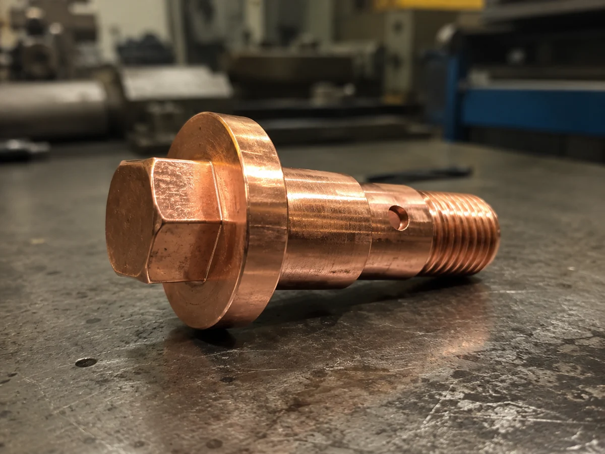 Custom copper alloy hex flange banjo bolt machined from bar by EKINSUN