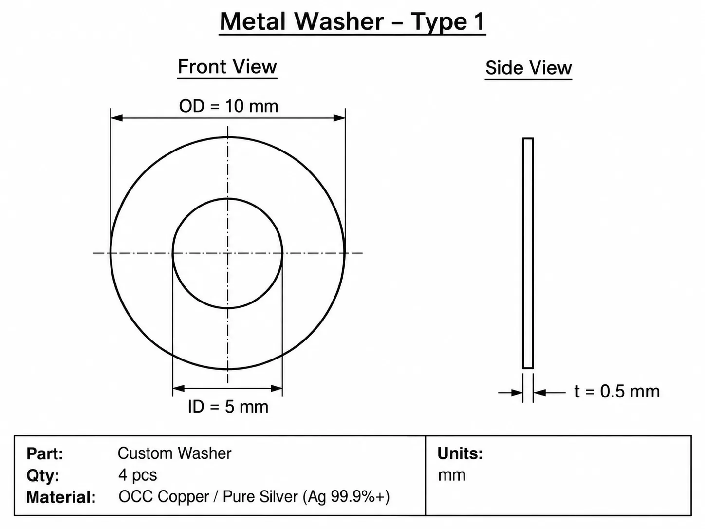 Dimensioned drawing of a custom copper or silver contact washer, OD 10 mm, ID 5 mm, thickness 0.5 mm, 4 pieces