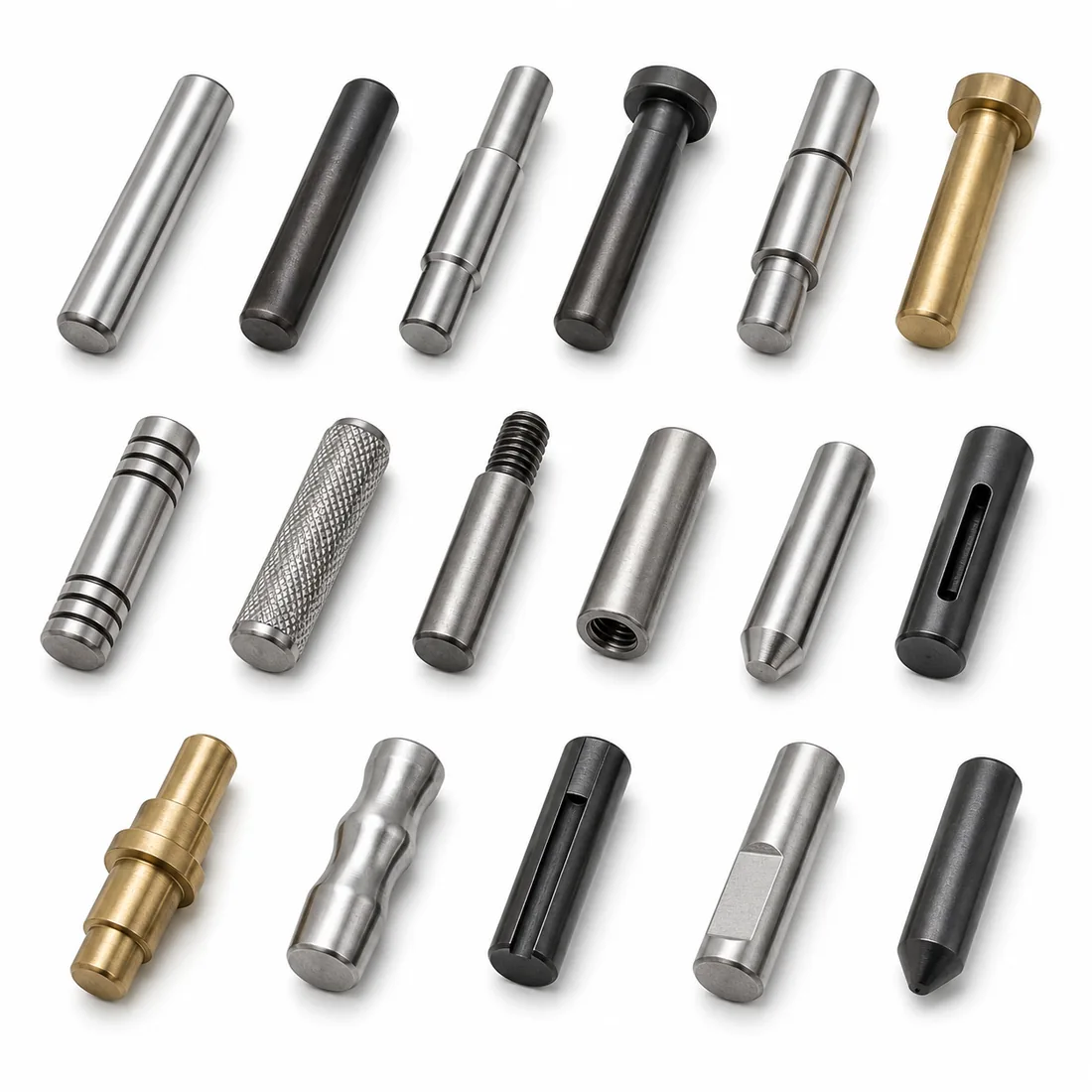 Assortment of custom dowel pins machined by EKINSUN — parallel, stepped, shouldered, tapped extractable, grooved, knurled and taper pins in steel, black oxide and brass