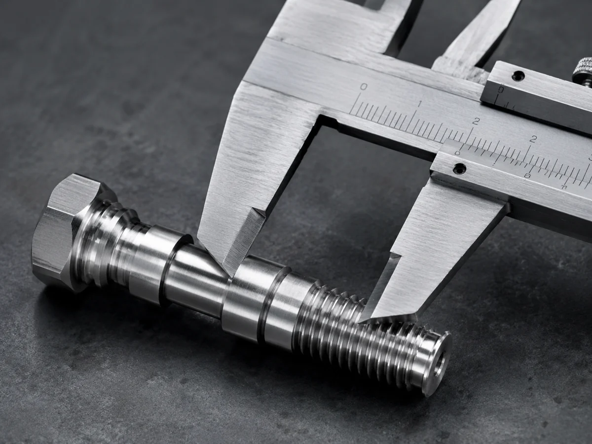 Custom non-standard bolt measured with a caliper showing special thread and shoulder