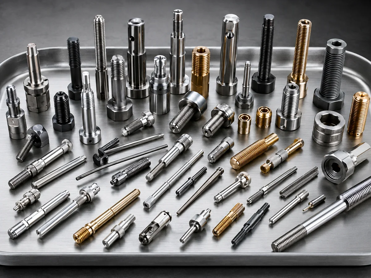 Assortment of custom machined fasteners — stainless, titanium and brass bolts, studs and pins by EKINSUN