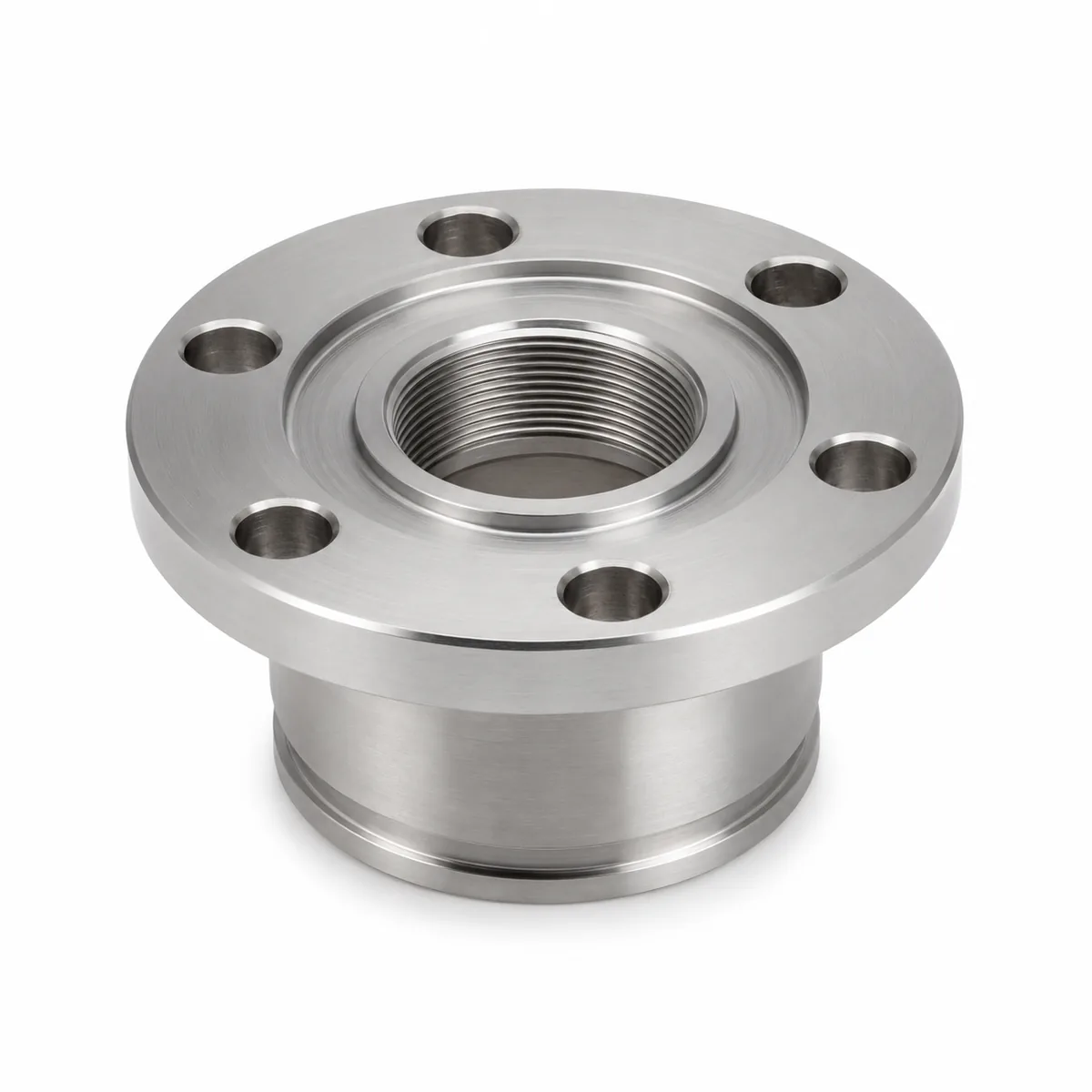 Custom flange adapter machined in stainless steel — six-bolt flange face with internal thread and register boss