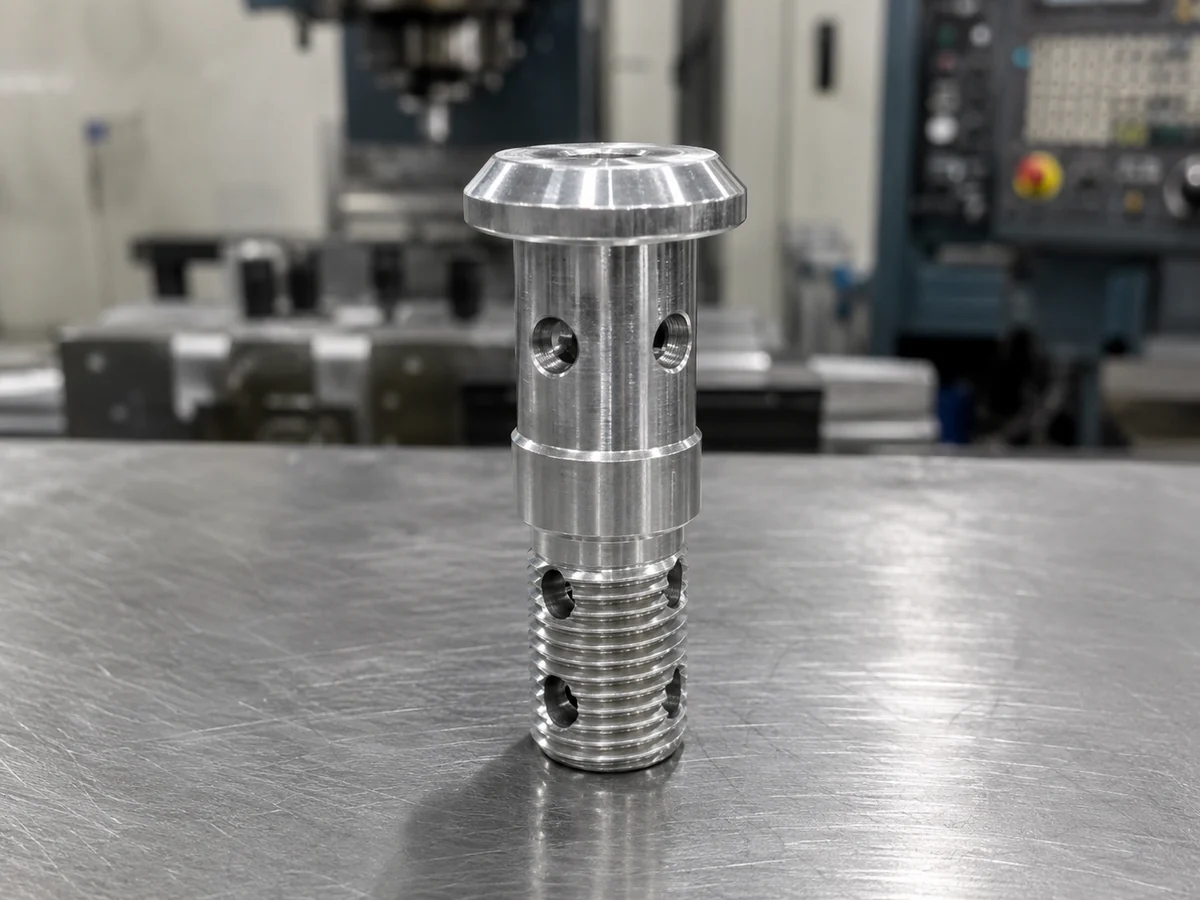 Custom flanged banjo bolt with multiple radial ports machined from bar by EKINSUN