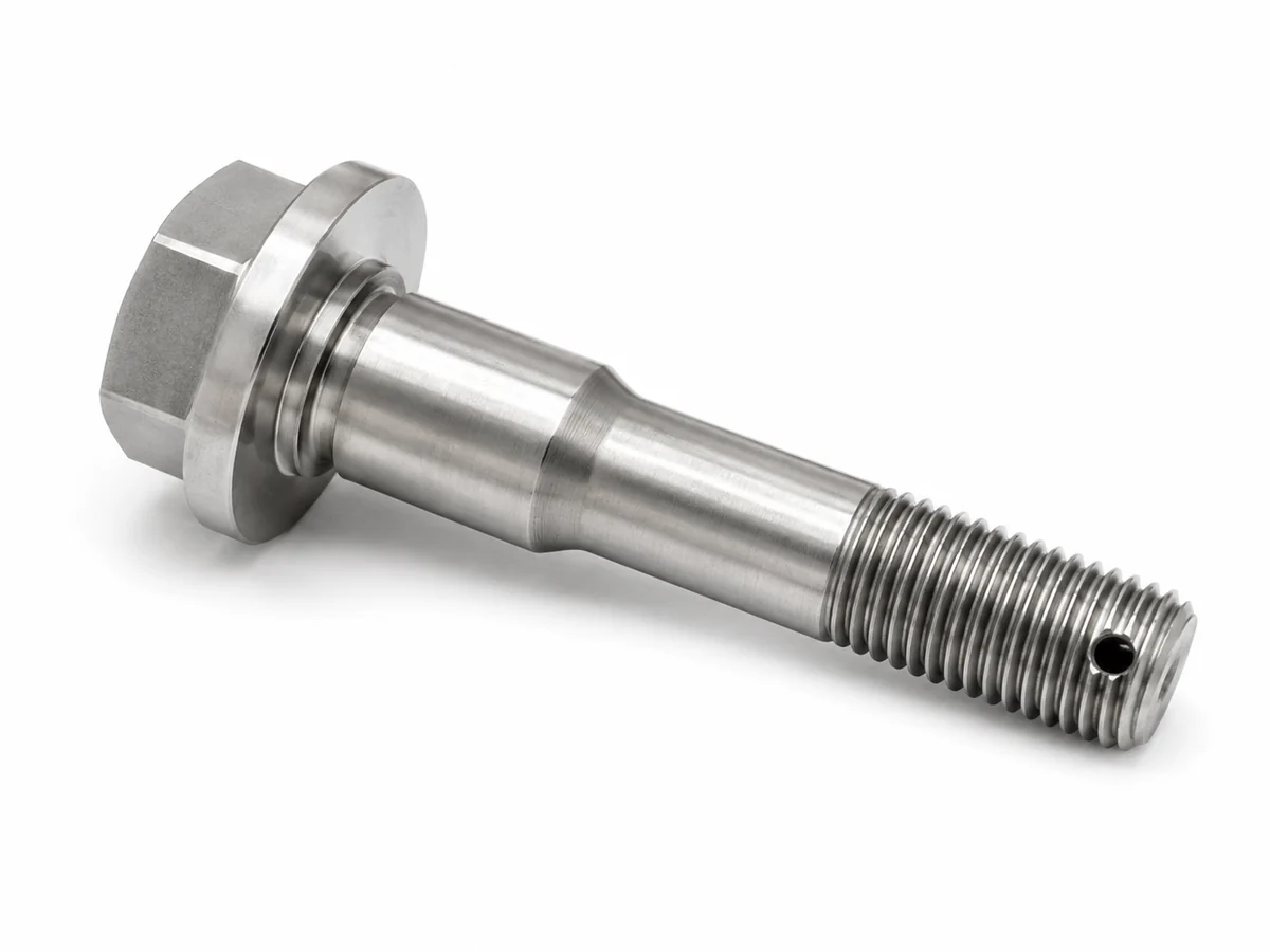 Flanged hollow banjo bolt showing the cross-drilled radial port where the load-bearing section is smallest