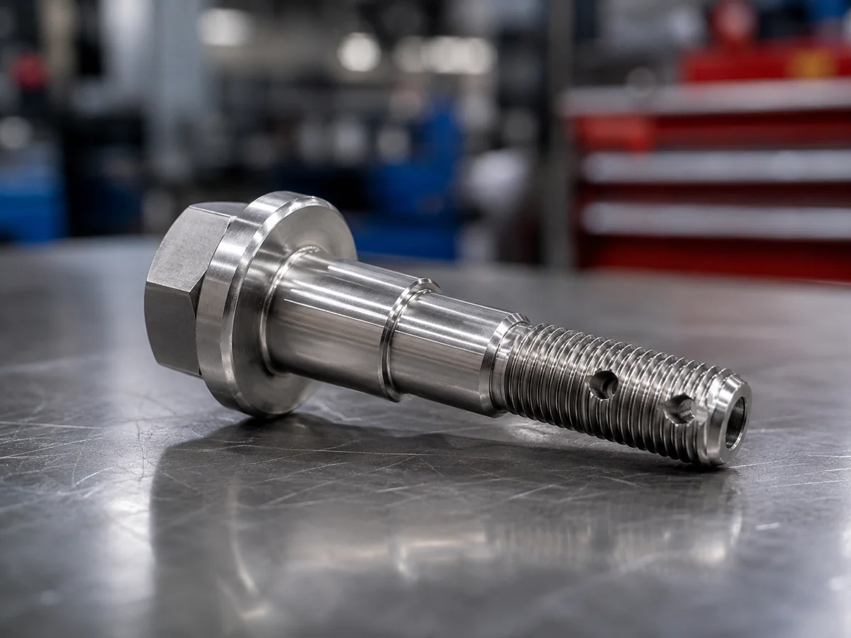 Custom hex flange banjo bolt with stepped shank reproduced from an original part by EKINSUN