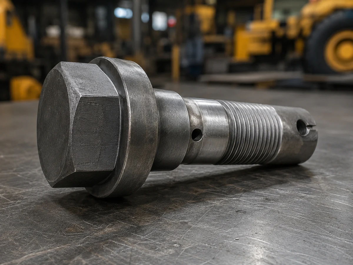 Custom hex head flanged hollow bolt machined from bar by EKINSUN — machined hex head, integral flange, stepped shank and cross-drilled port