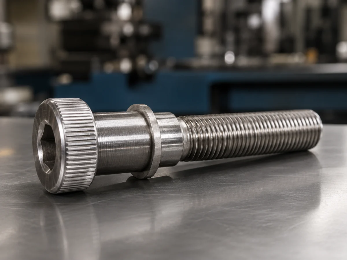 Vis épaulée en inox usinée sur mesure : tête moletée à six pans creux, épaulement lisse rectifié puis filetage de plus petit diamètre — EKINSUN