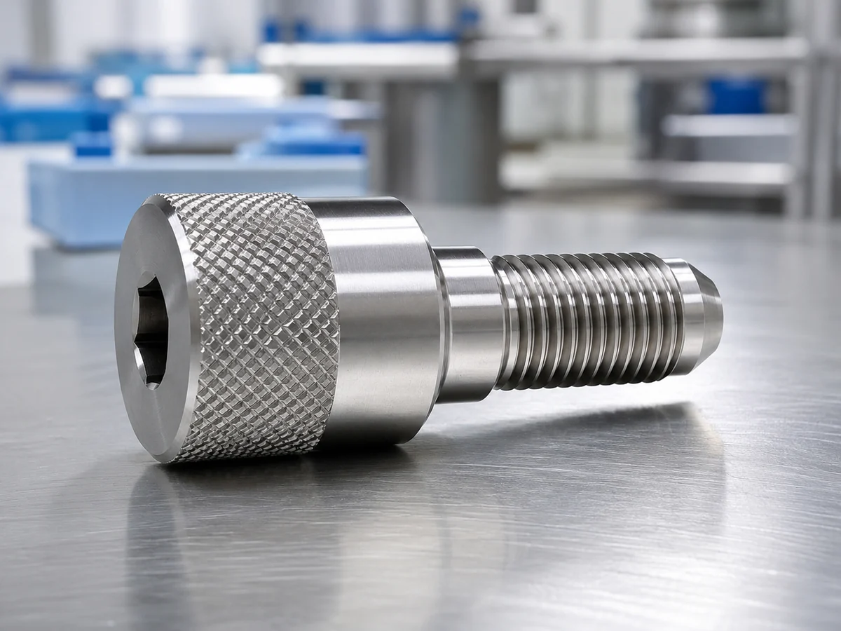 Vis à épaulement en inox usinée sur mesure : tête moletée à six pans creux, épaulement rectifié et filetage tourné — EKINSUN