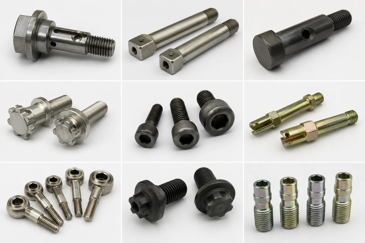 Assortment of custom machined fasteners by EKINSUN — flanged bolts, shoulder bolts, socket screws, studs and couplers