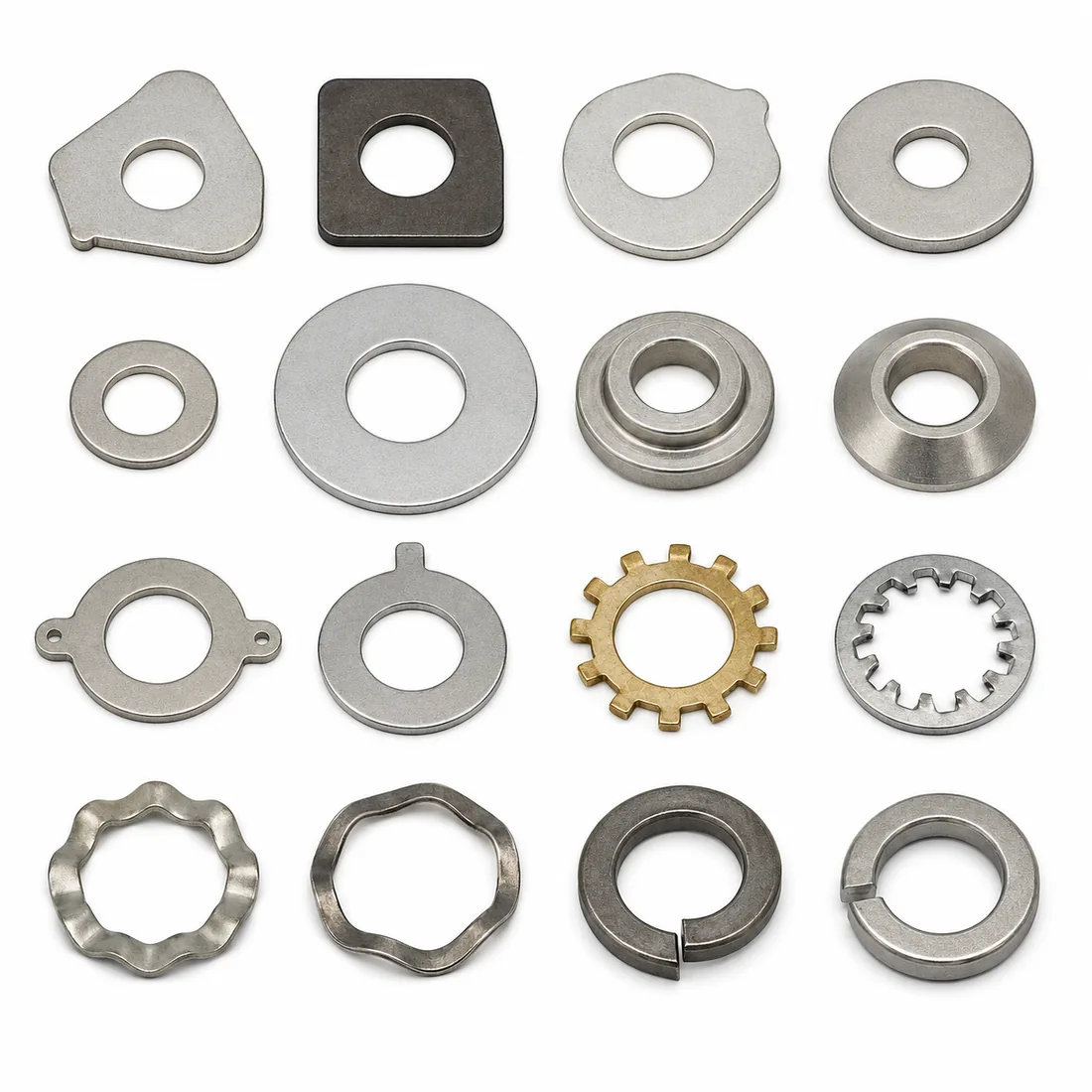 Assortment of custom machined washers by EKINSUN — flat, square, D-shaped, tab, stepped, spherical, external-tooth, wave and spring washers in steel, stainless and brass