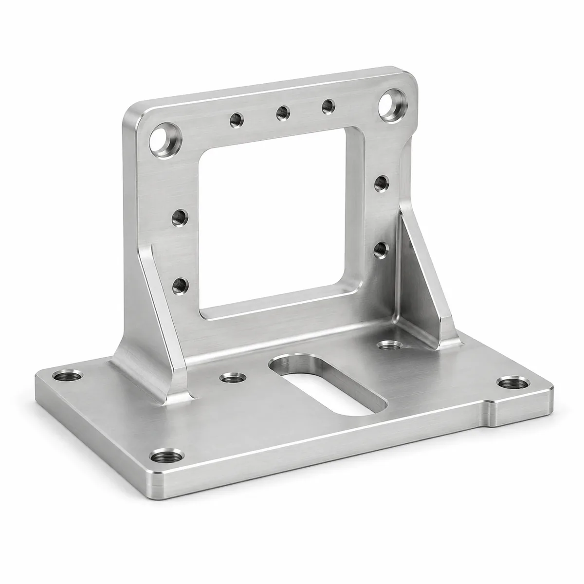 Custom machined base bracket with square window, gussets and slotted mounting plate