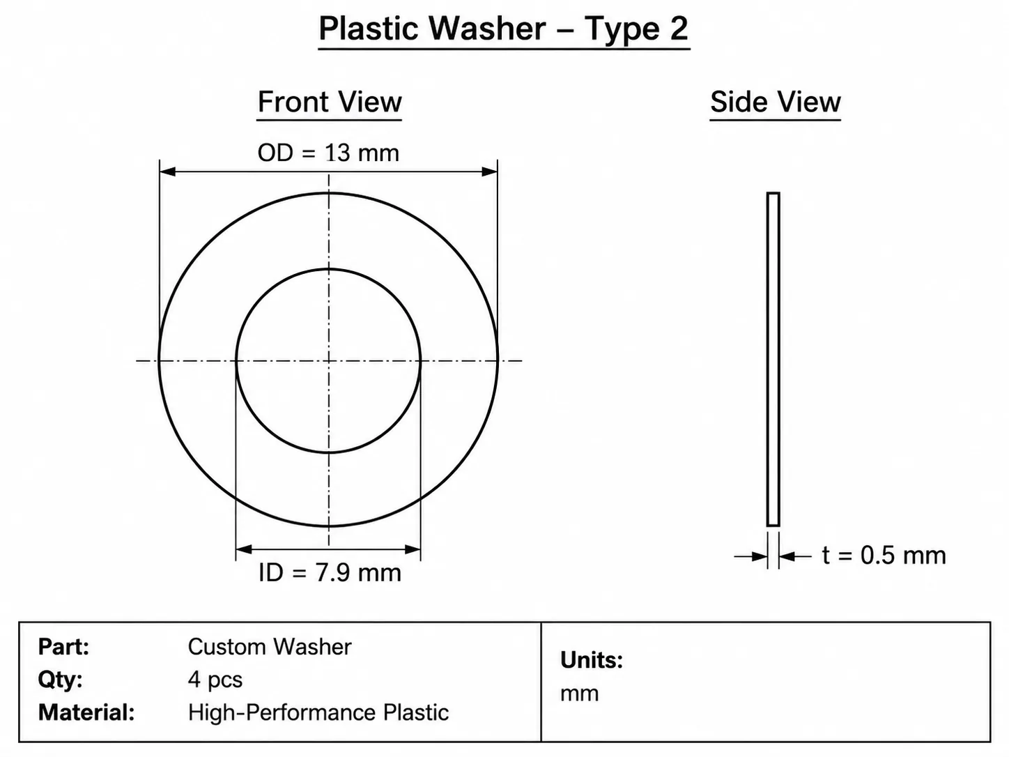 Dimensioned drawing of a custom plastic insulating washer, type 2: OD 13 mm, ID 7.9 mm, thickness 0.5 mm, 4 pieces