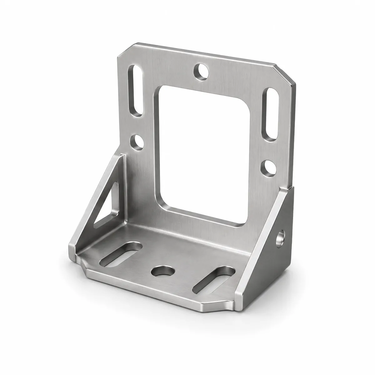 Custom right-angle sensor mounting bracket machined with gussets, window and adjustment slots
