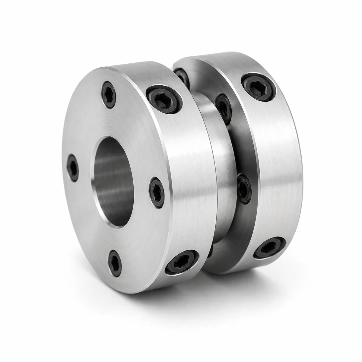 Flanged shaft coupling machined as a bolted pair of halves for high torque drives
