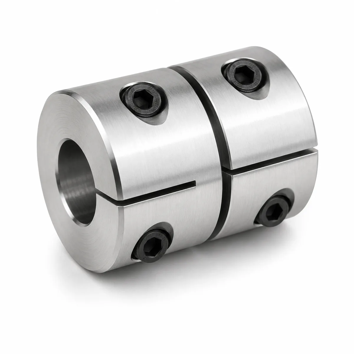 One-piece slit clamp shaft coupler machined from solid with clamping screws