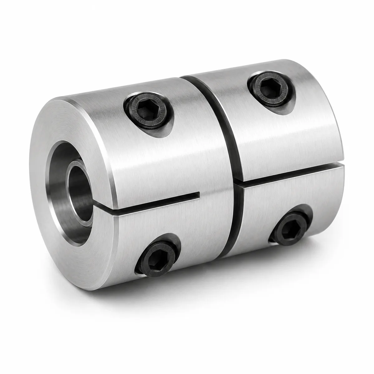 Two-piece rigid clamp shaft coupler with socket cap screws, machined to two bore sizes