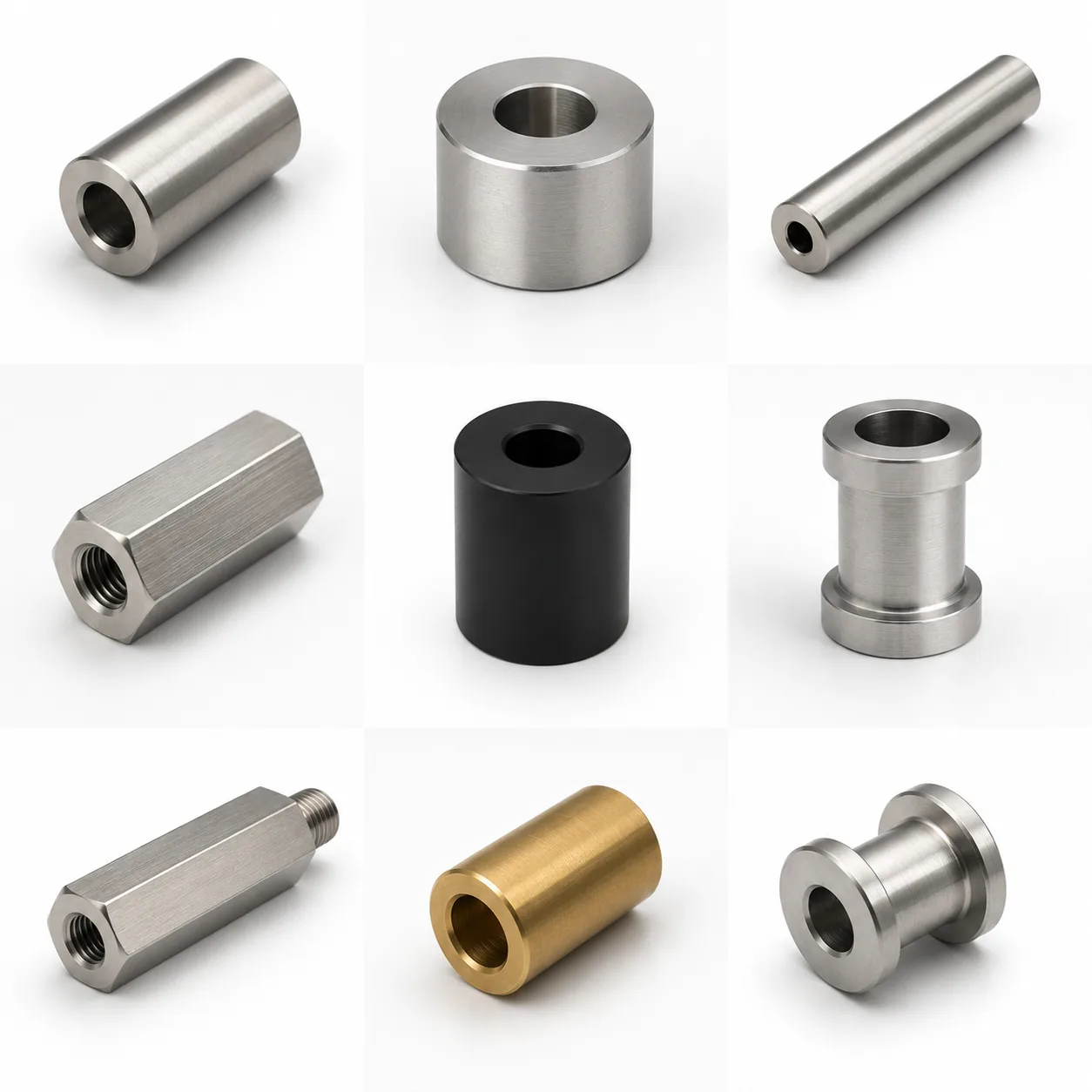 Collection of custom spacers and bushings in stainless, brass and aluminium — EKINSUN