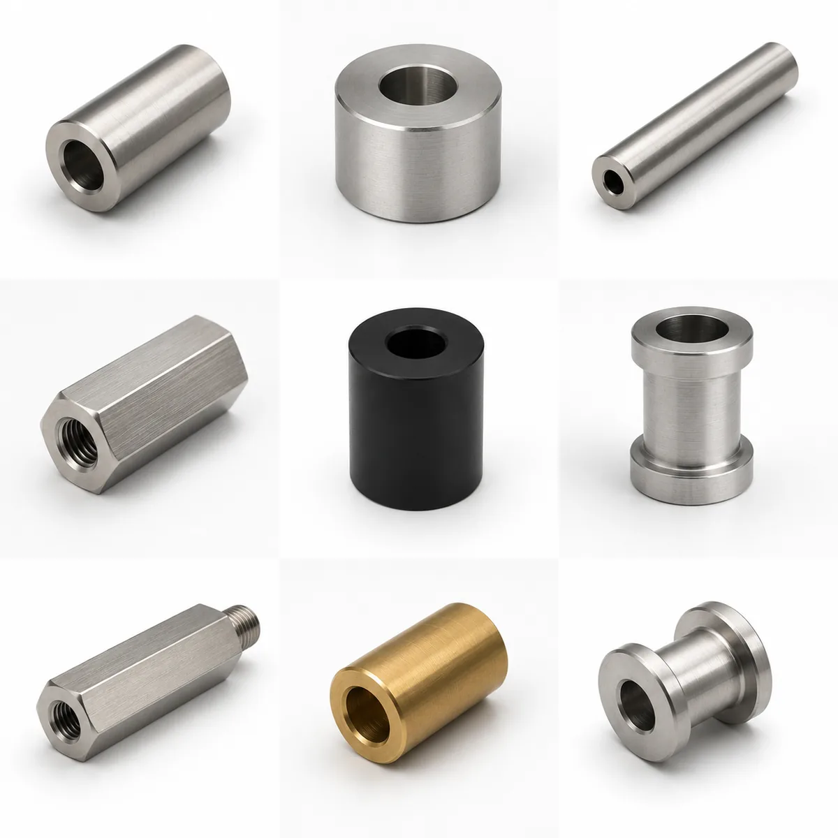 Assortment of custom machined spacers and standoffs — round, hex threaded, shouldered, brass, black plastic and stainless types