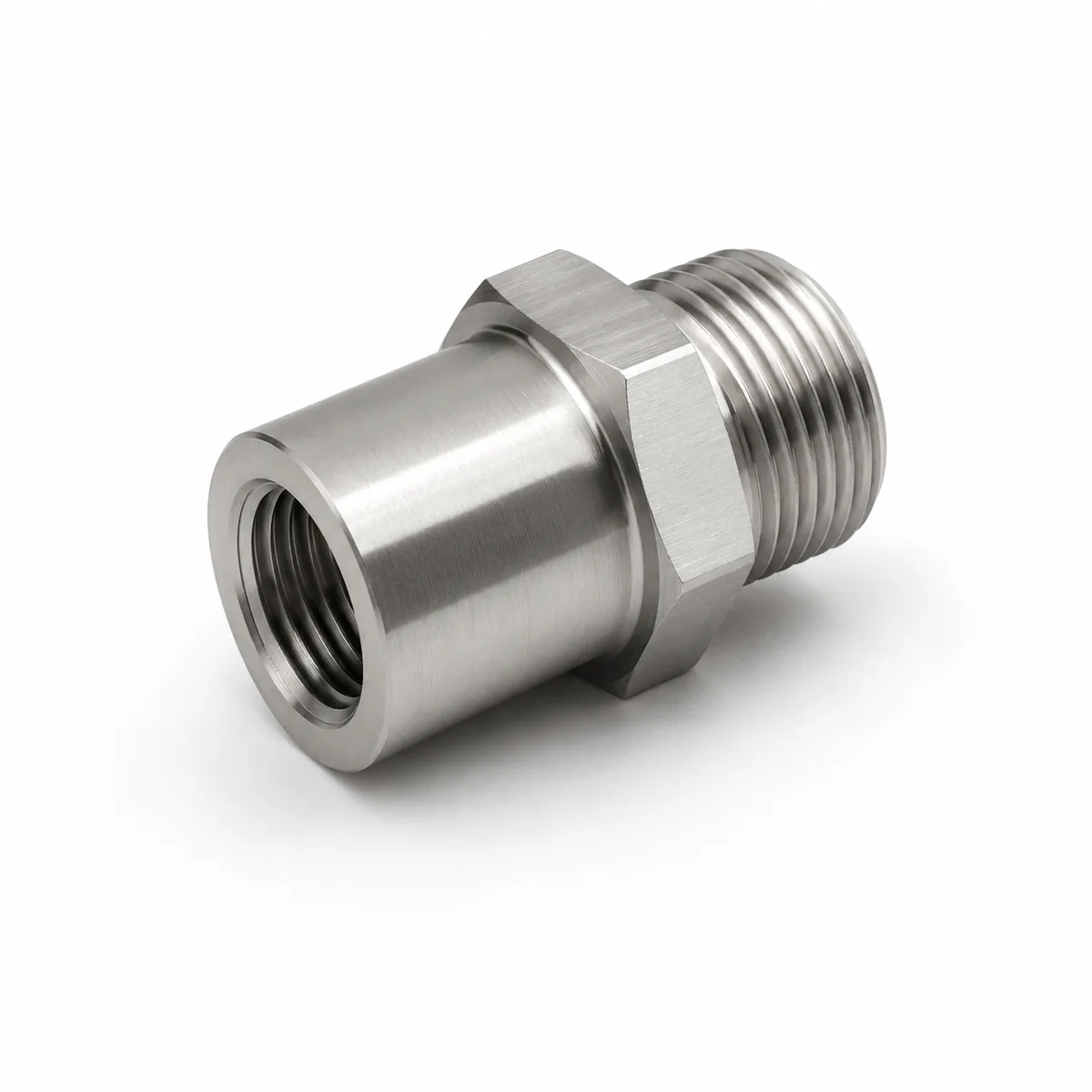 Custom extension thread adapter with long female body and male thread end machined in stainless steel