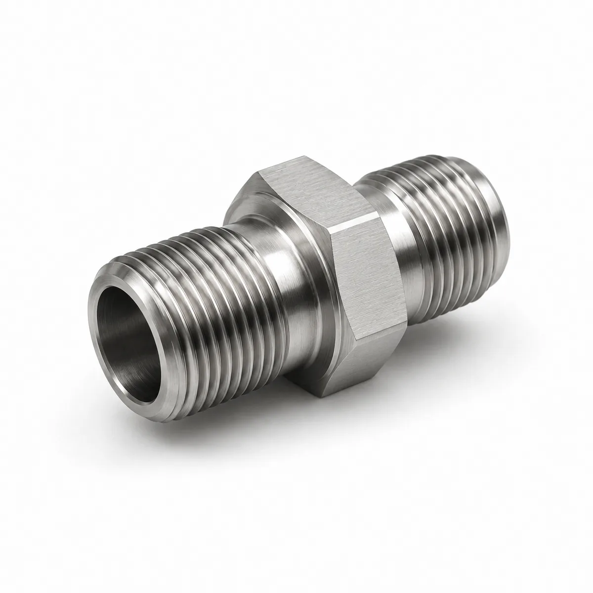 Stainless steel hex nipple thread adapter with tapered male threads both ends for BSP to NPT conversion