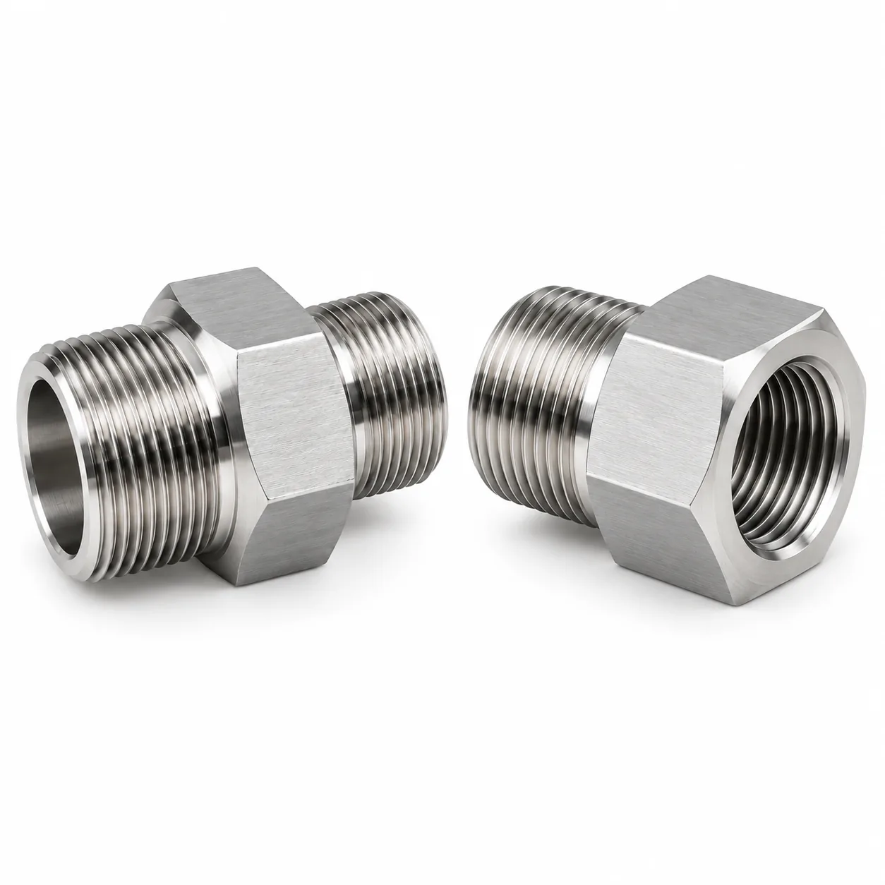 Two stainless steel hex thread adapters on a white background: a male-to-male adapter with a larger thread on one end, and a male-to-female adapter with an internal thread inside the hex