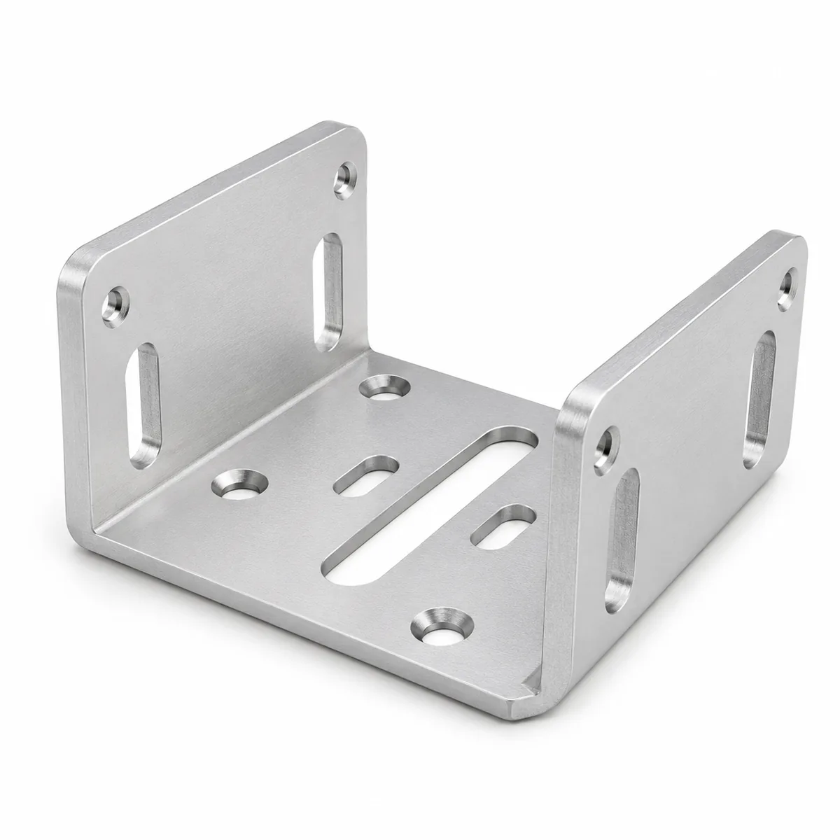 Custom U-channel sensor mounting bracket machined with slotted holes on three faces for position adjustment