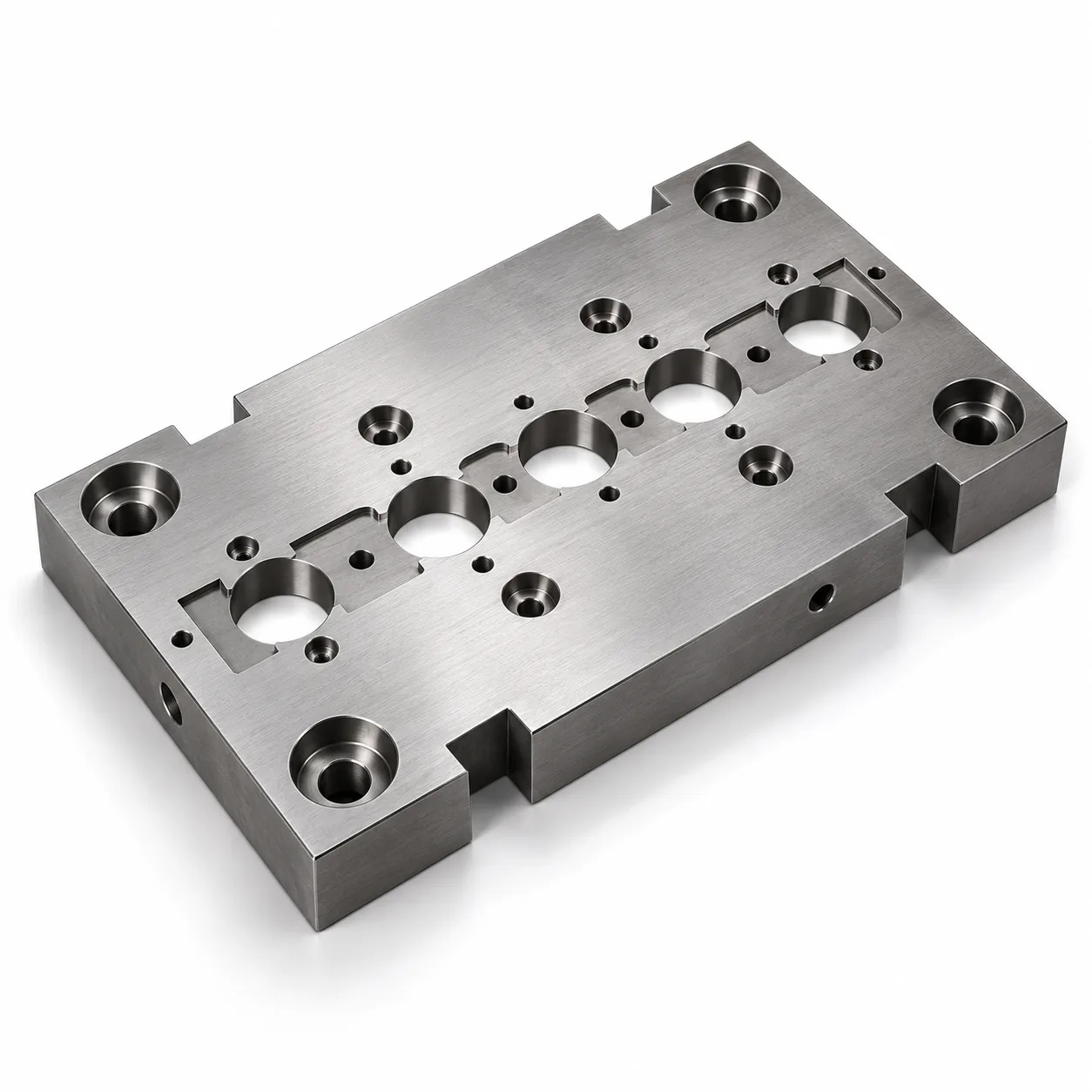 Thick ground steel die plate with a row of through holes, counterbores and a milled step, photographed at an angle on a white background