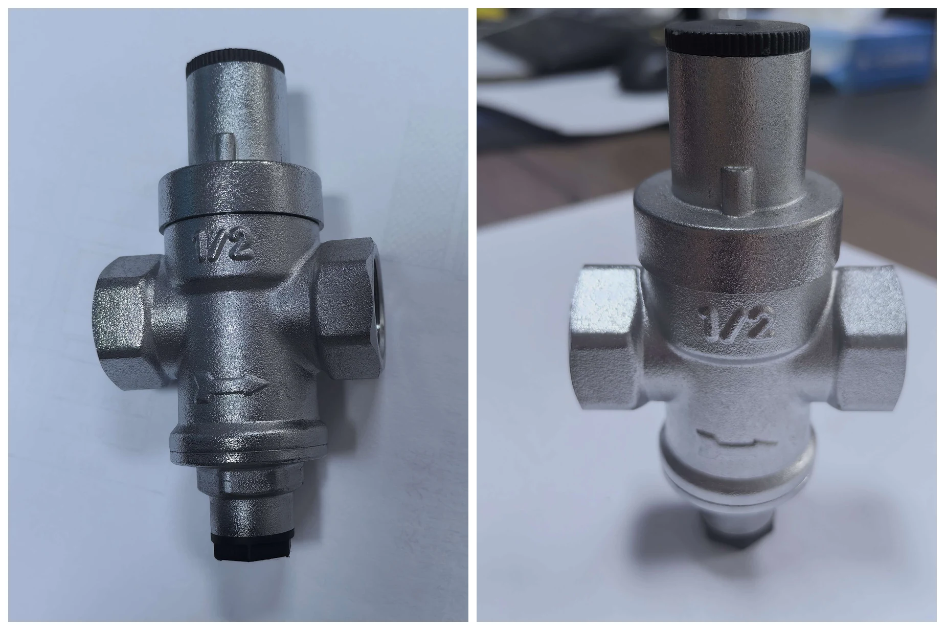 Two photographs of a DN15 piston pressure reducing valve with a nickel-plated brass body: from above, showing both G1/2 female ports, the cast flow arrow and the 1/2 size mark, and from the front, showing the spring housing, the knurled adjusting cap and the bottom plug
