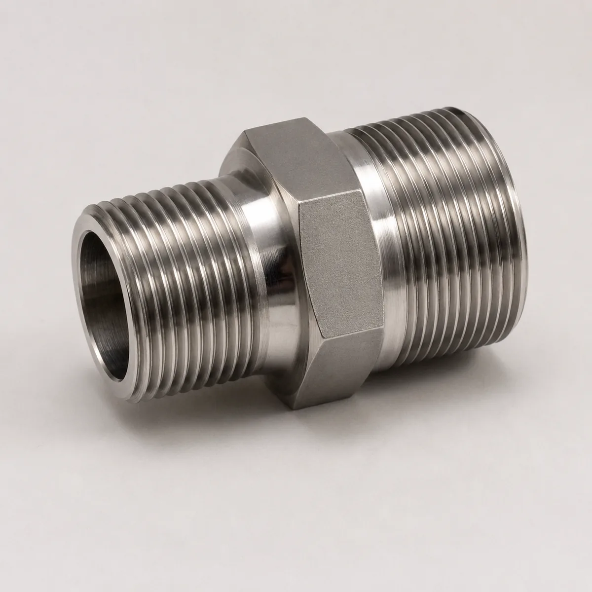 Custom double-male thread adapter machined from stainless steel bar, with a male thread at each end and a central wrench hex