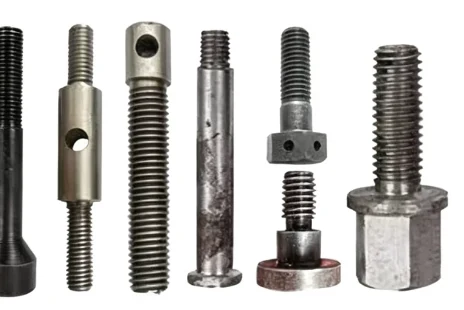 Custom machined bolts including a stud with a transverse hole through the shank, a threaded rod with a drilled boss and a bolt with a twin-hole flat head