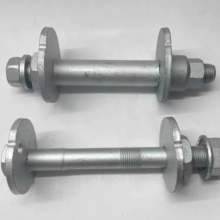 Due kit bulloni di campanatura montati: testa esagonale, disco eccentrico lato testa, gambo, disco eccentrico lato dado e dado