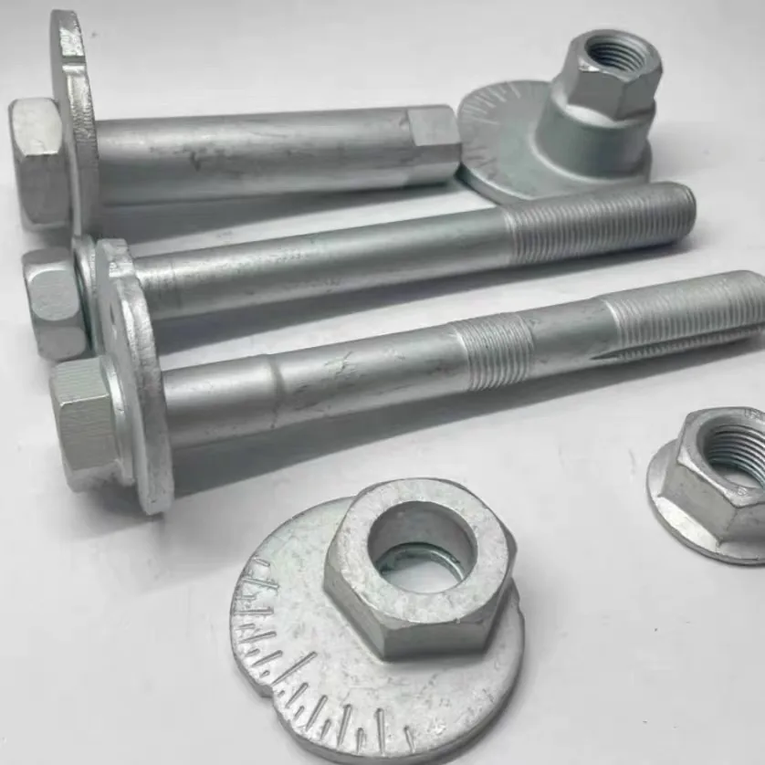 Tre bulloni eccentrici con disco eccentrico sotto la testa esagonale, un disco eccentrico con dado integrato e scala graduata, un dado flangiato e un dado eccentrico