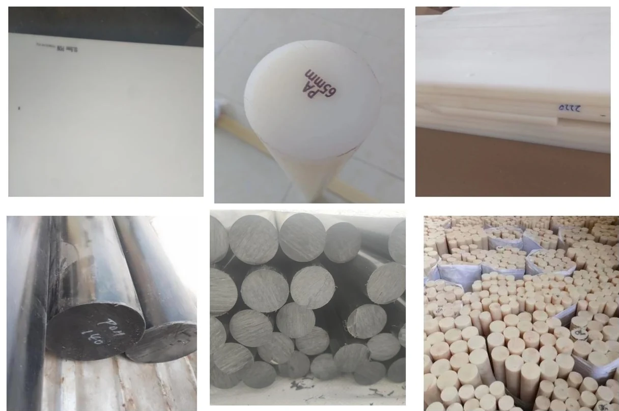 Six photographs of how plastic stock is marked: a white POM sheet printed with its grade and thickness along the edge, the sawn end of a white PA rod marked PA 65 mm, a thick white sheet marked 2220, black POM rod with POM 160 written on the end in marker, a close view of grey polyethylene rod ends, and bundles of natural nylon rod stacked in a store with size tags