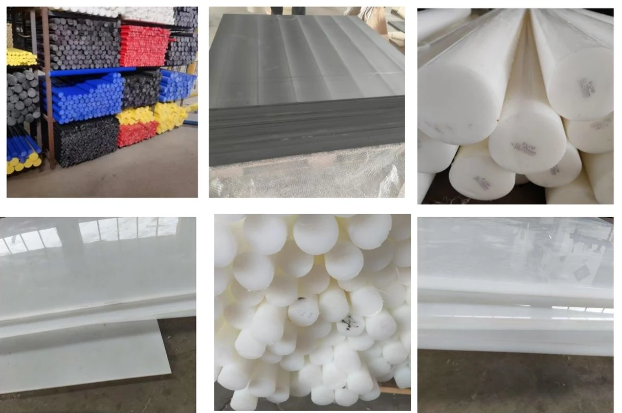Six photographs of engineering plastic stock: a storage rack of extruded rod in grey, red, blue, yellow and black; a pallet of grey nylon sheet; natural POM rod with the grade printed on the sawn ends; white polyethylene sheet with a sawn edge; a bundle of white polyethylene rod stood on end; and translucent white polypropylene sheets stacked on edge