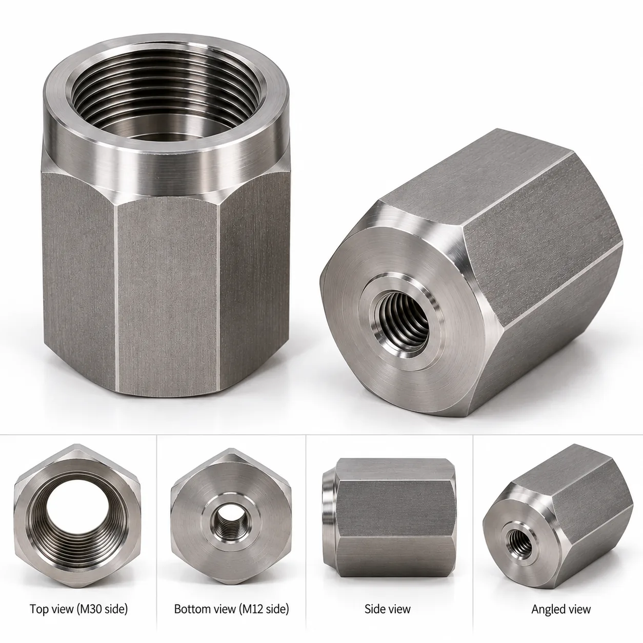 Hex-body adapter with a large female thread on one end and a small female thread on the other, shown in top, bottom, side and angled views