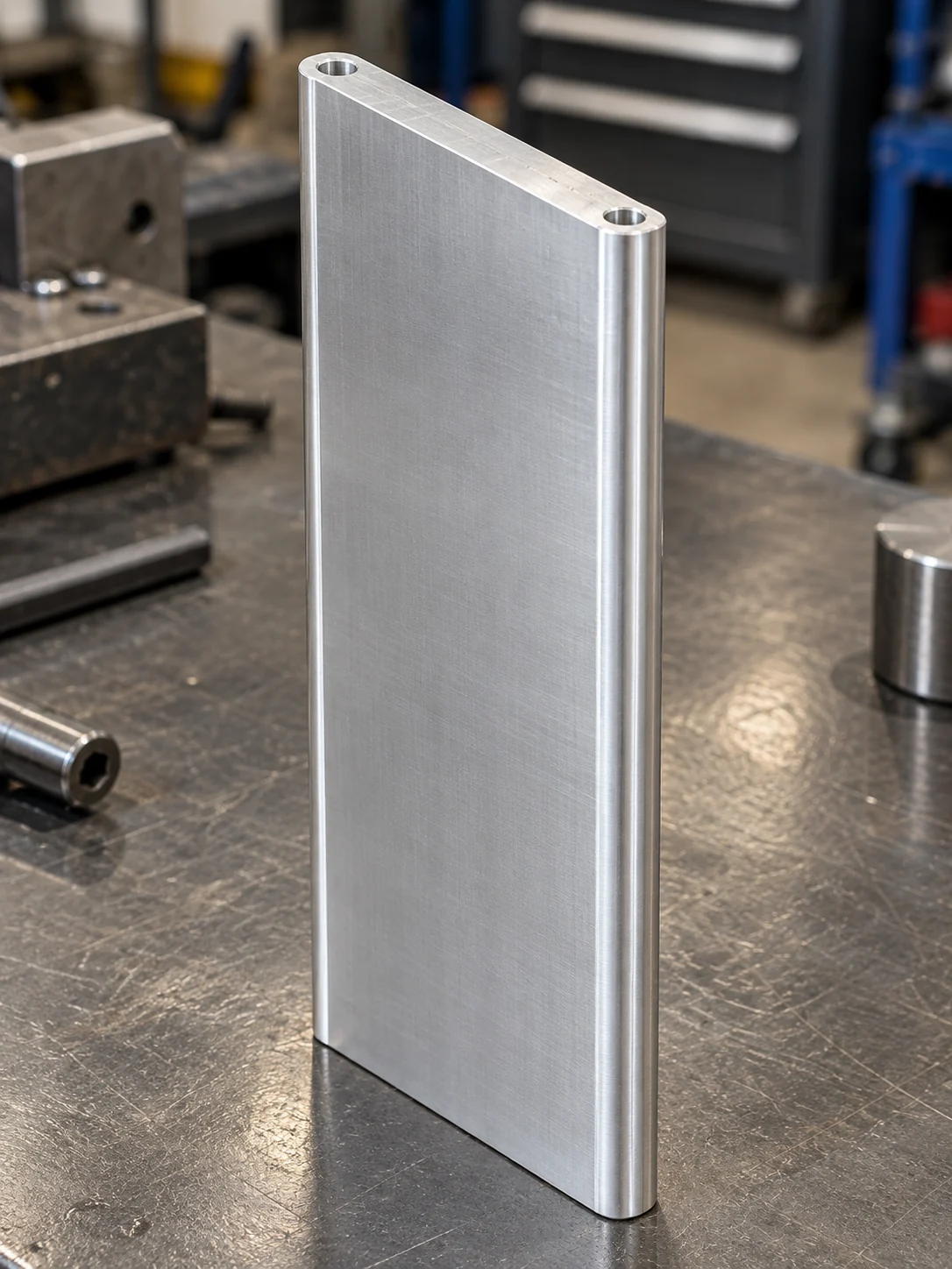 One of the two 6061 aluminium film guide plate prototypes standing on end on a workbench, both long edges rounded to a 6 mm radius, two holes in the end face