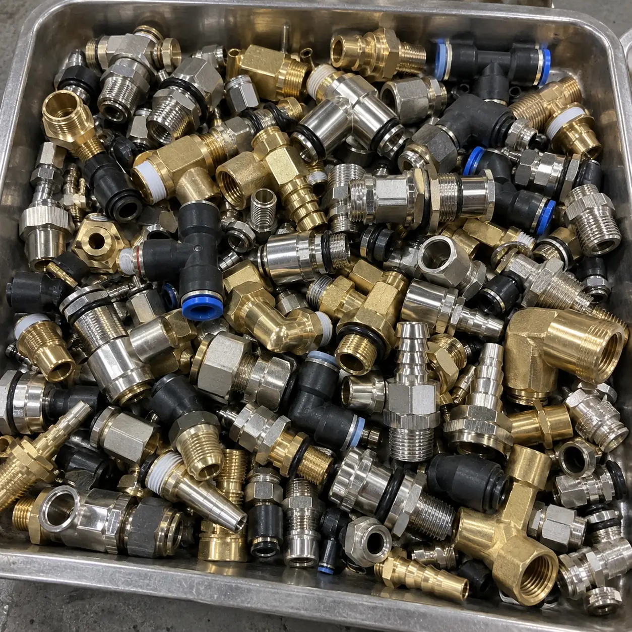 A stainless tray filled with mixed fittings: brass and stainless male and female thread adapters, hex nipples, street elbows, brass tees, push-in straight and elbow fittings with blue release rings, compression fittings with nuts and ferrules, hose barbs and bulkhead bodies with O-rings