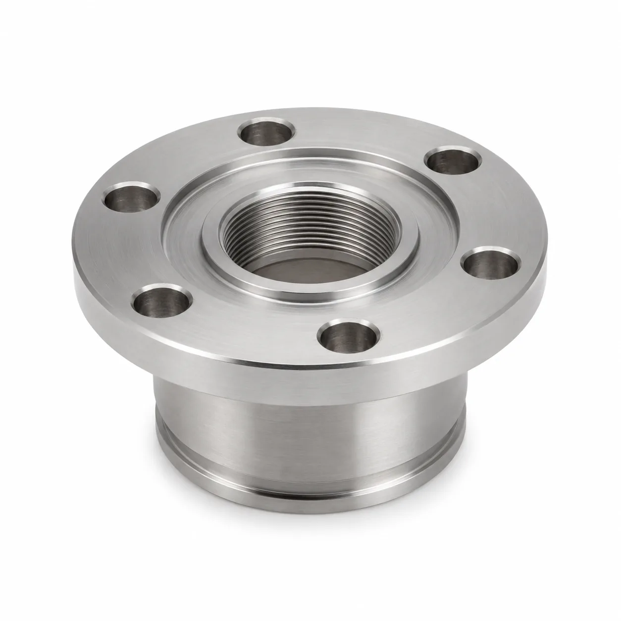 Stainless steel flange adapter with six bolt holes and threaded center bore, CNC turned and milled by EKINSUN