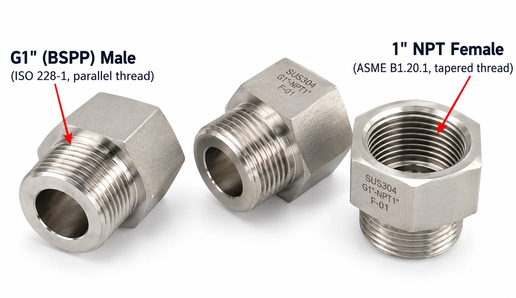 Three 304 stainless adapters with a G1 BSPP male thread and a 1 inch NPT female thread, marked SUS304 G1-NPT1