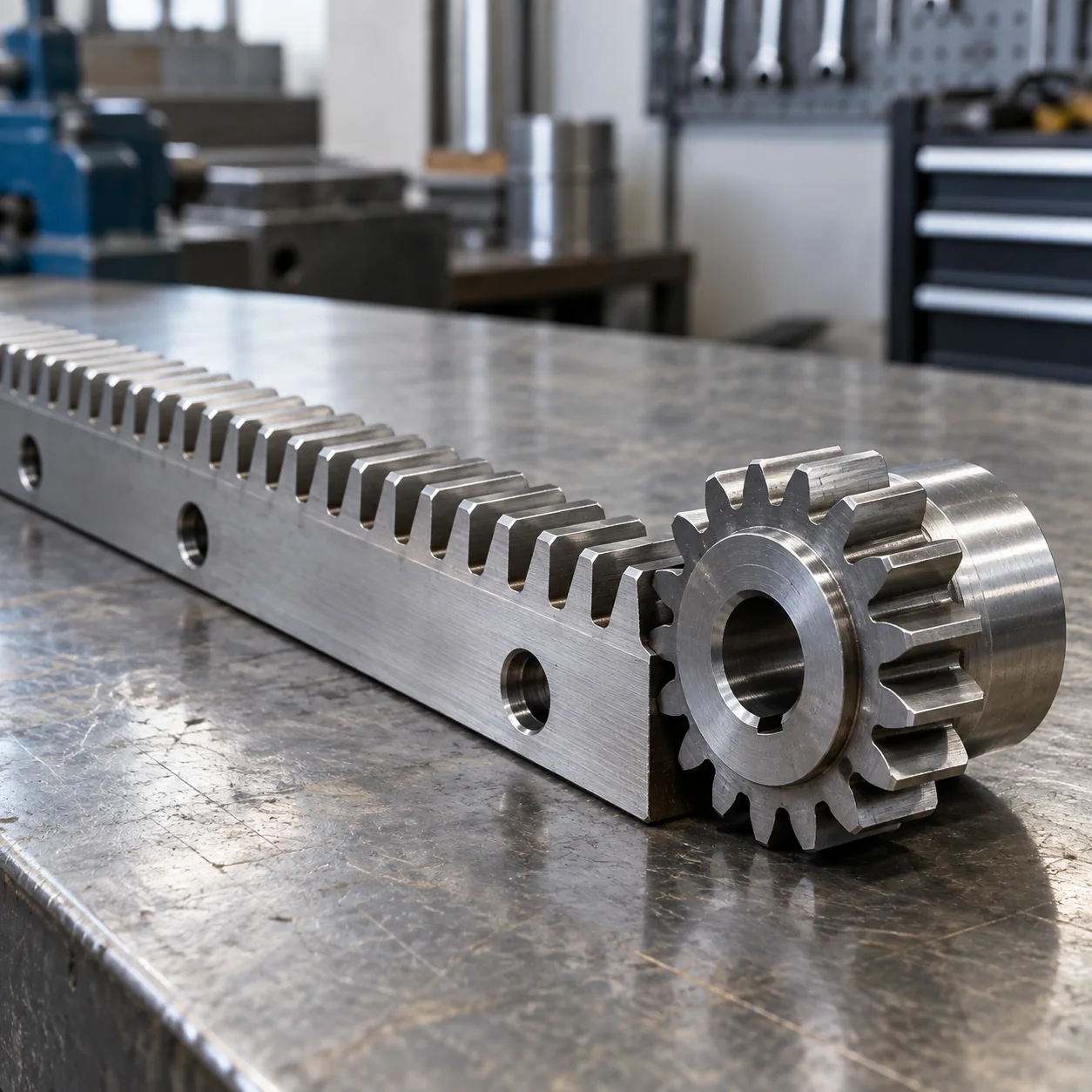 A length of steel gear rack with a matching pinion resting on it, on a steel bench