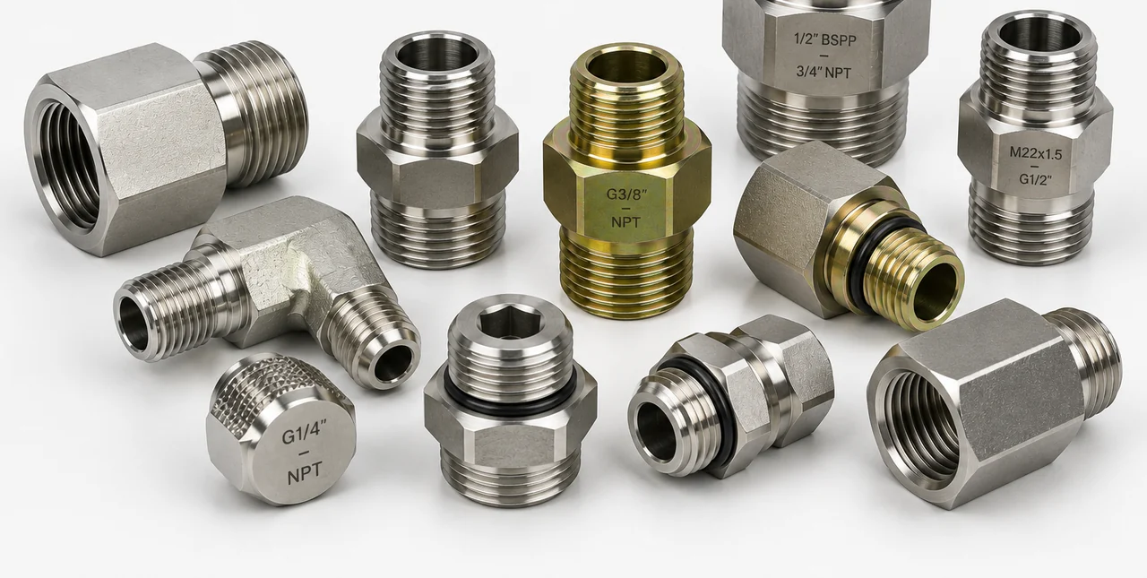 Gedrehte Übergangsadapter zwischen BSP und NPT — unter anderem 1/2″ BSPP auf 3/4″ NPT, G3/8″ auf NPT, G1/4″ auf NPT und M22×1,5 auf G1/2″, in Edelstahl und Messing