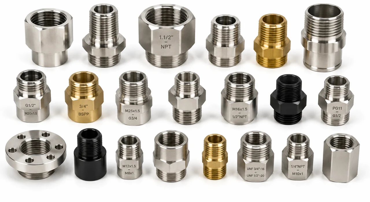 Gewindeadapter zwischen verschiedenen Normen — M16×1,5 auf 1/2″ NPT, G1/2″ auf M20×1,5, M25×1,5 auf G3/4″, PG11 auf G1/2″, M12×1,5 auf M8×1 und UNF 3/4″-16 auf UNF 1/2″-20